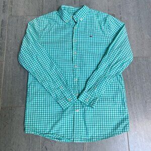 Vineyard Vines Long Sleeve Button Down Whale Shirt Green White Gingham Sz XL/18